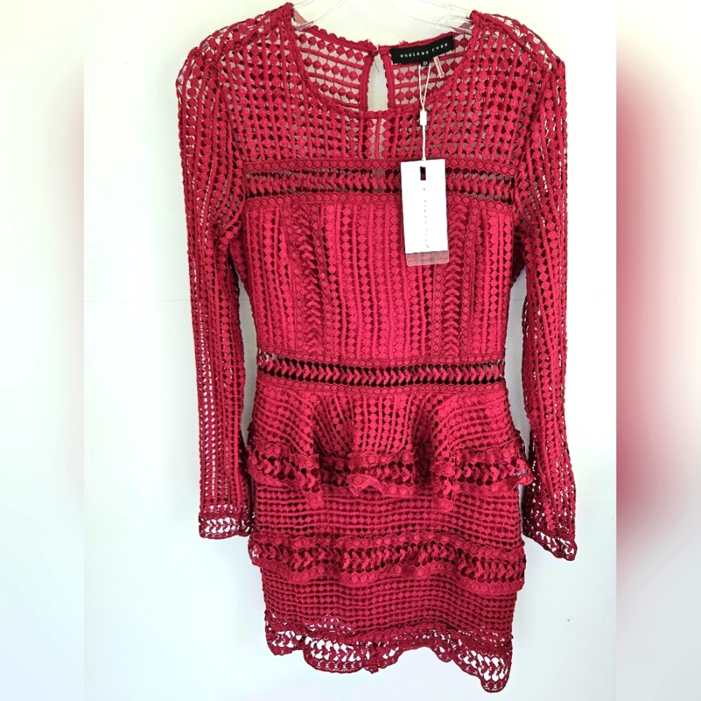 Anthropologie Endless Rose Red Eyelet Mini Dress NWT Long Sleeve - Picture 3 of 4
